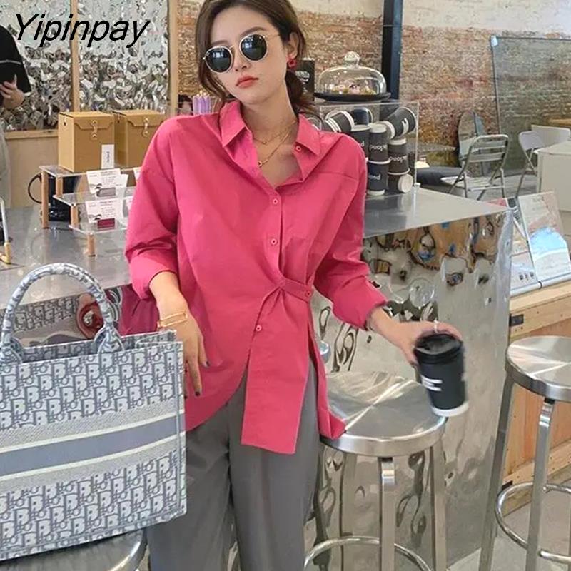 Yipinpay Spring Street Style Solid Color Women Blouse Tunic Shirt Long Sleeve Button irregular Ladies Shirts Oversize Female Tops
