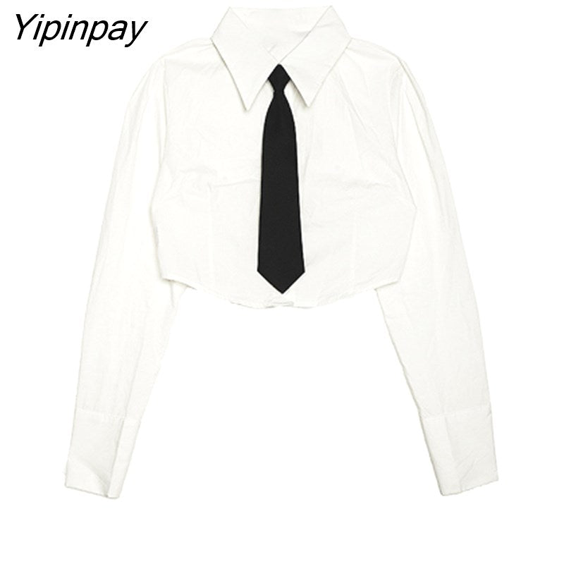 Yipinpay Spring Streetwear Long Sleeve Button Tie White Shirt Women Korea Style Chic Ladies Crop Tops Blouse 2023 New In Clothing
