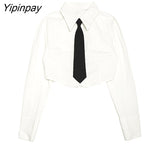 Yipinpay Spring Streetwear Long Sleeve Button Tie White Shirt Women Korea Style Chic Ladies Crop Tops Blouse 2023 New In Clothing