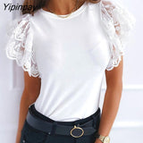 Yipinpay Patchwork Lace T Shirt Skinny Top For Women 2023 Summer Short Sleeve O Neck Black White Tees Streetwear Sexy Bodycon Tops