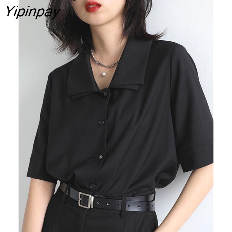 Yipinpay Office Lady Short Sleeve Black Shirt Women Double-Layer Collar Ladies Blouse 2023 Summer Button Up Female Clothing Tops