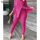 Yipinpay Women Irregular Pullover Two Piece Set Solid Long Sleeve Casual Split Tshirt Leggings Slim Sets 2023 Fashion Office Lady Outfits