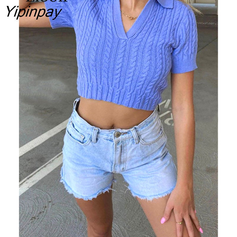 Yipinpay Women Knitted Ribbed Top Sexy Short Tshirt Female Pullovers Summer 2023 Stretch Tees Streetwear Black Blue Knit Crop Tops