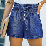 Yipinpay Blue Cotton Button Up Stretch Denim Shorts Women High Waist Streetwear With Pockets Drawstring Sexy Skinny Jean Shorts