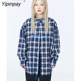 Yipinpay 2023 Autumn Oversize Full Sleeve Plaid Long Shirt Women Streetwear Button Up Letter Print Female Tunic Blouse Clothing