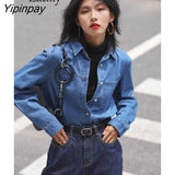 Yipinpay 2023 Spring Vintage Long Sleeve Women Denim Shirt Korea Style Button Up Solid Color Woman Tunic Loose Blouse Female Tops