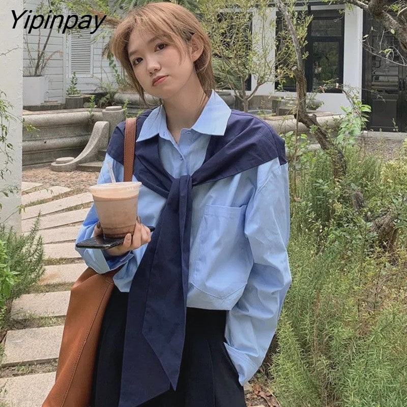 Yipinpay 2023 Autumn Long Sleeve Shawl Shirt Women Office Lady Button Up Patchwork Ladies Tunic Blouse Work Female Clothing Tops