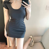 Yipinpay Women Dress Summer Sexy Vintage Elegant Solid Black Mini High Waist Casual Short Sleeve Evening Dresses Party Female Clothing