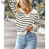 Yipinpay Striped Loose Knitted Sweater Tops Pullover Women Jumpers Streetwear Autumn Winter Long Sleeve V Neck Knitwear Sweaters
