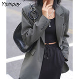 Yipinpay 2023 Autum Oversize Long Sleeve Gray Women Blazer Unisex Style Solid BF Loose Suit Blazers Winter Female Clothing Coat