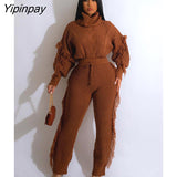 Yipinpay Women's Tassel Knited Tracksuit Sets Elegant Puff Sleeve Turtleneck Sweater And Pants 2 Piece Suits 2023 Warm Sweaters Outfits