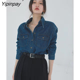 Yipinpay 2023 Autumn Fashion Street Style Long Sleeve Denim Shirt Women Casual Button Up Pocket Blouse Female Clothing Tops