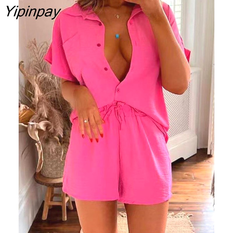 Yipinpay Solid Two Piece Suits Women Casual V Neck Short Sleeve Shirt And Lace Up straight Shorts Sets 2023 Summer female Outfits
