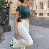 Yipinpay Embroidery Letter Printing Stitch Green 90s Crop Tops O-neck Short Sleeve T-shirts clothes shirt vintage bf clothing tee