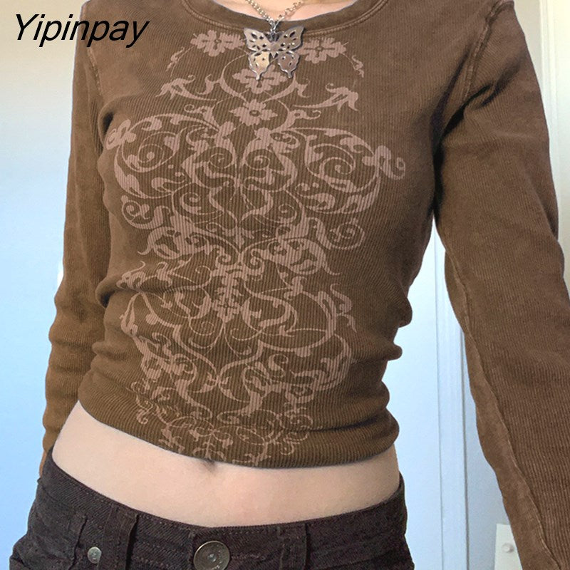 Yipinpay Grunge Crop top T-shirts Graphic Print Y2K Long Sleeves Slim Tops Tee Casual Crewneck Fashion Harajuku Cloth