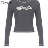 Yipinpay Women T-Shirt Slim Crop Top Retro Graphic Pullovers Korean Fashion Print Grunge Vintage Long Sleeve Tee Y2k Streetwear Clothing