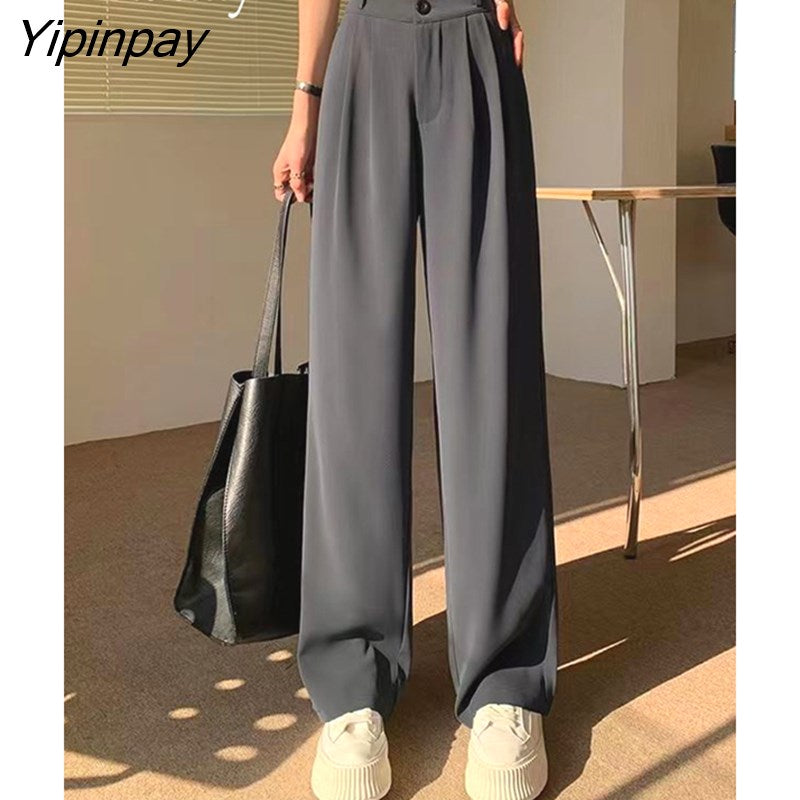 Yipinpay 2023 Autumn Wide Leg Women Classic Suit Pants Vintage Office Elegant Casual Black Trousers Female High Wasit Pants