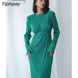 Yipinpay 2023 Spring New Sexy Full Sleeve Women Long Pleated Dress Elegant Solid Color Slim Waist Backless Party Woman Dresses