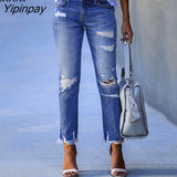 Yipinpay Sexy Stretch Tassel Ripped Jeans Women High Waist Black Blue Trouser Streetwear Distressed Skinny Hole Denim Pencil Pants