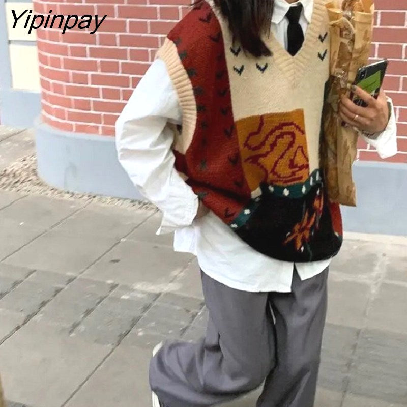 Yipinpay 2023 Autumn Street Style Patchowork Knit V Neck Women's Sweater Y2K Sleeveless Ladies Vest Winter Loose Female Clothing