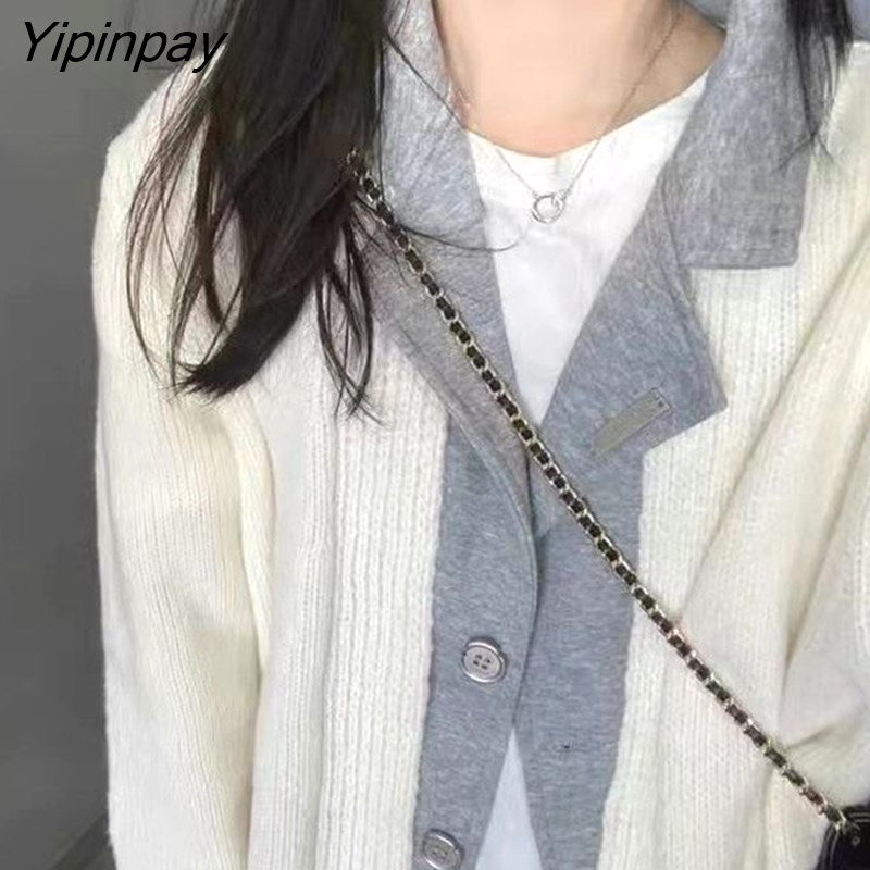 Yipinpay 2023 Winter Streetwear Frayed Long Sleeve Knit Cardigan Women Korean Style Patchwork Fake Two Pieces Ladies Sweater Coat