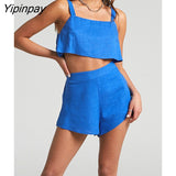 Yipinpay Cotton Linen Vest Trousers Two Piece Set Women O Neck Crop Tops High Waist Wide Pants Suit 2023 Lady Tank Shorts Outfits