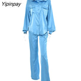 Yipinpay Women Solid Satin Pants Suit Female Loose Shirts Tops And Straight Pants Two Piece Sets 2023 Summer Office Lady Fashion Outfits