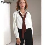 Yipinpay 2023 Spring Office Lady Long Sleeve Folds Women Basic Shirt Minimalist Tie Button Up Loose Woman Tunic Blouse Clothing