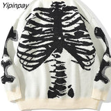 Yipinpay Men Oversized Sweater Black Loose Skeleton Bone Print Women Vintage Retro Knitted Sweater 2023 Autumn Cotton Pullover Unisex 319-2