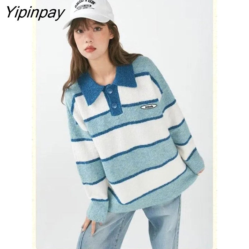 Yipinpay 2023 Winter Vintage Striped Turn Down Collar Mohair Women Sweater Korea Style Oversize Long Sleeve Polo Pullovers Tops