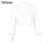 Yipinpay 2023 Spring Vintage Long Sleeve Women White Shirt Sexy Stand Neck Button Up Woman Crop Tops Blouse Party Female Clothing