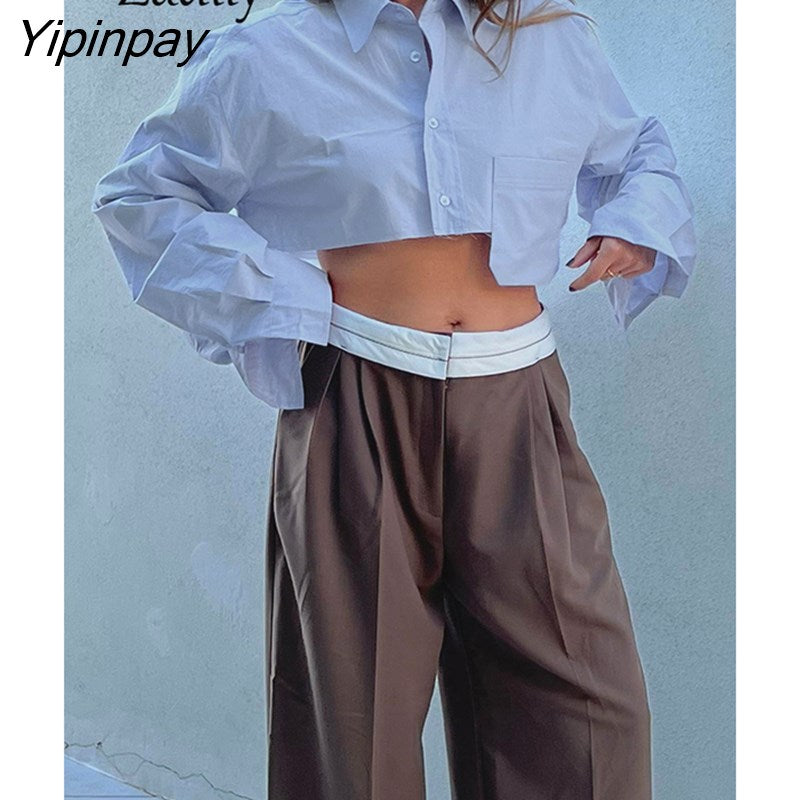 Yipinpay Spring New In Streetwear Asymmetrical Women Shirt Y2K Long Sleeve Pocket Button Up Woman Crop Tops 2023 Blouse Clothing