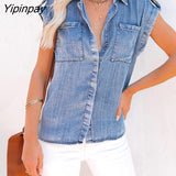 Yipinpay Blue Denim Shirt Women Tops And Blouses With Pockets Streetwear Short Sleeve Turndown Collar Button Up Sexy Jean Shirts