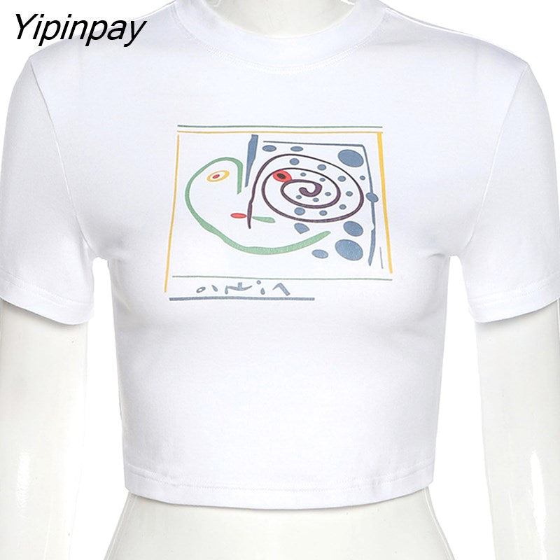 Yipinpay Streetwear Graphic Short Sleeve White T-shirts 2000s Vintage Printing O-neck Baby Tees Cute Summer Crop Top Fashion