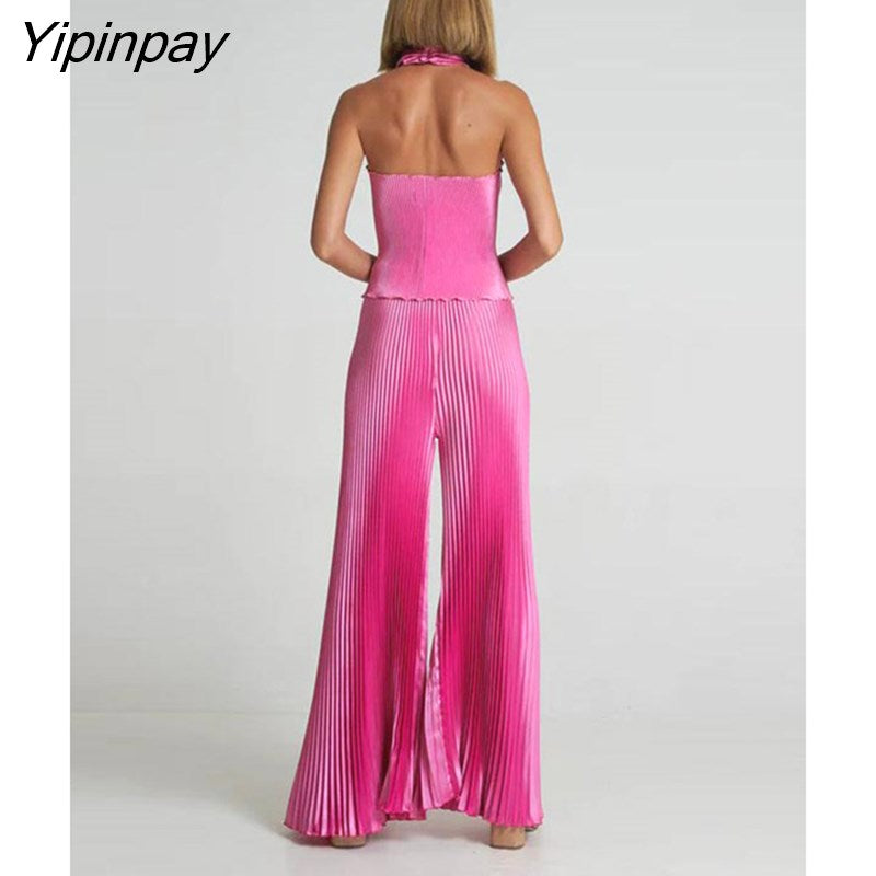 Yipinpay Pleated Halter Backless Tops And Pants 2 Piece Set Women Fashion Solid Wide Leg Trousers Suits 2023 Spring Chic Tracksuits