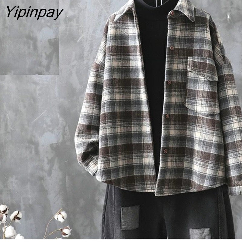 Yipinpay 2023 Winter Korean Style Long Sleeve Plaid Wool Liner Shirt Women Casual Button Up Loose Thick Ladies Tunic Blouse Tops