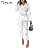 Yipinpay Women Single Breasted Printed Blazer Two Piece Set Female Lapel Blazer Straight Pants Suits Office Lady Outfits Streetwear