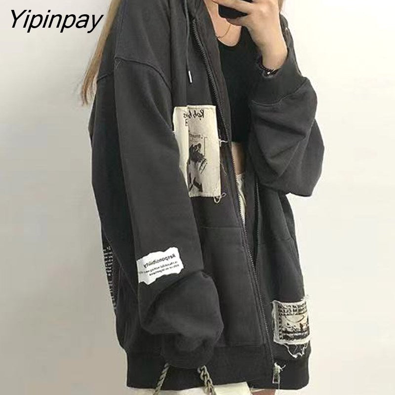 Yipinpay Patch Y2K Zip Up Hooded Jacket Women Long Sleeve Loose Streetwear Hoodies Cotton Outwear Harajuku Sweatshirts Black Gray