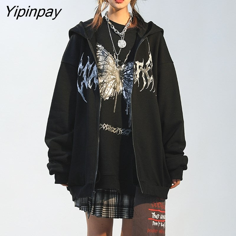 Yipinpay Women Hip Hop Women Y2k Jacket butterfly Print Coat Goth Harajuku aesthetic Clothes grunge Streetwear Hoodies Punk Jacket Zip-up