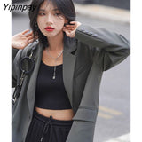 Yipinpay 2023 Autum Oversize Long Sleeve Gray Women Blazer Unisex Style Solid BF Loose Suit Blazers Winter Female Clothing Coat