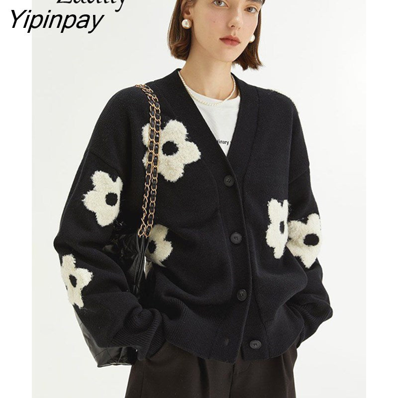 Yipinpay 2023 Winter New In Vintage Floral EmbroideryLoose Women Knit Cardigan Korea Style Button Up Ladies Sweater Coat Clothing