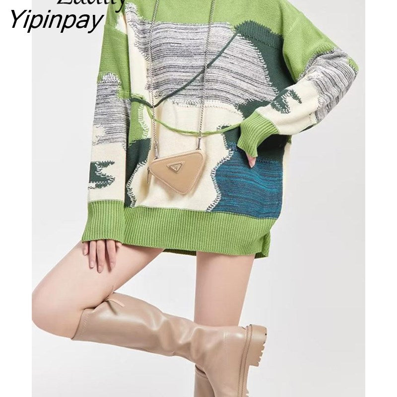 Yipinpay 2023 Winter Oversize O Neck Women Sweaters Korea Style Patchwork Long Sleeve Ladies Knit Pullovers Female Clothing Tops