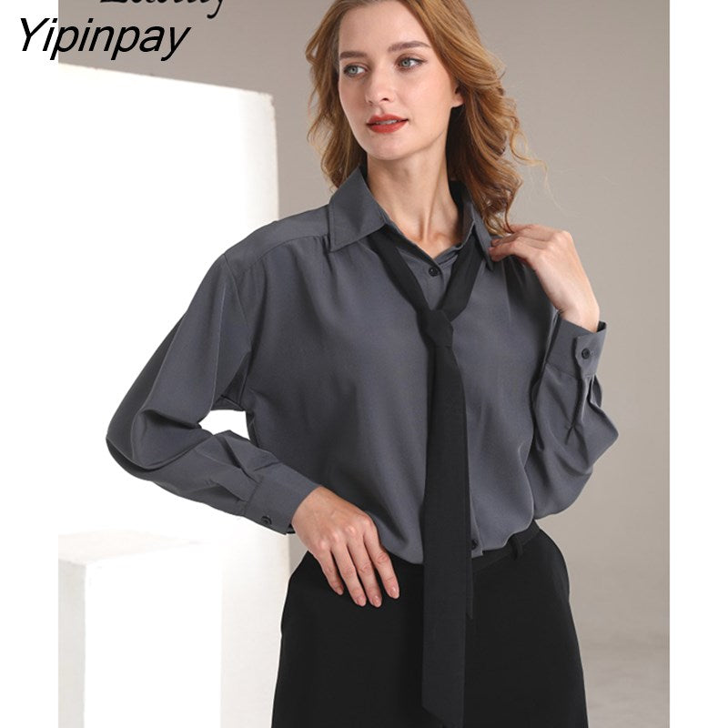 Yipinpay 2023 Spring New In Office Lady Long Sleeve Shirt Women Korean Style Button Up Tie Loose Work Blouse Tunic Female CLothing