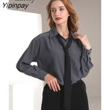 Yipinpay 2023 Spring New In Office Lady Long Sleeve Shirt Women Korean Style Button Up Tie Loose Work Blouse Tunic Female CLothing
