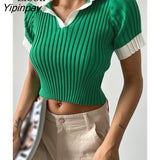 Yipinpay Block Knit Ribbed Crop Top Sexy Short T Shirt Women Pullovers New 2023 Summer Basic Tees Streetwear Patchwork Bodycon Tops