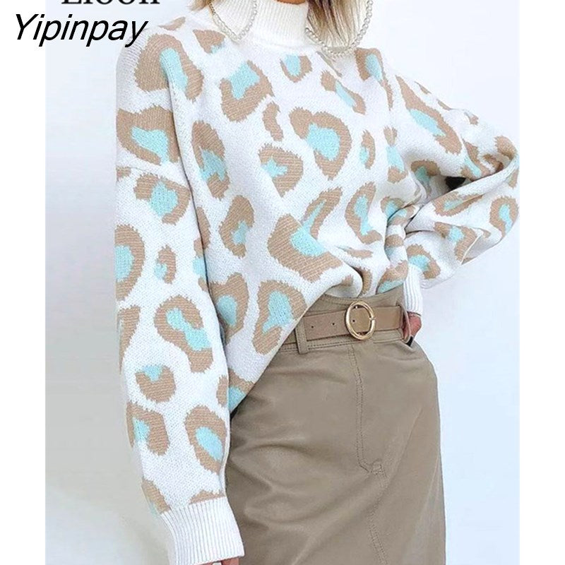 Yipinpay Women Print Warm Sweater Turtleneck Knitting Thick Pullovers Tops Female Jumpers Autumn Winter Streetwear Loose Knit Sweaters