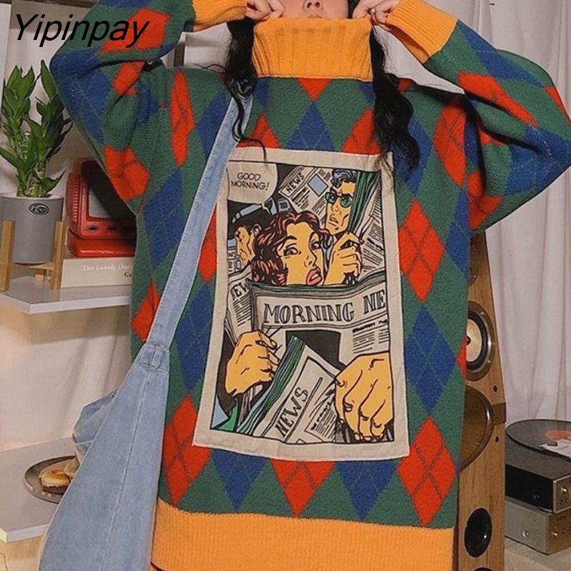 Yipinpay Winter Harajuku Oversize Turtleneck Women's Streetwear Cartoon Patchwork Argyle Knit Women Pullover Y2K Loose Clothes Tops