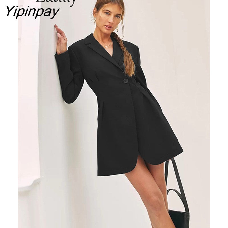 Yipinpay 2023 Spring New Office Lady Long Sleeve Women Blazer Dress Elegant Solid Color Slim Waist Button Black Woman Dresses
