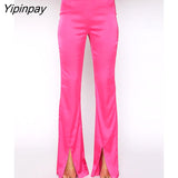 Yipinpay Feather Crop Tops And Split Trousers Two Piece Sets Women Fashion Flare Long Sleeve Tie Up Blouse High Waist Pants Suits