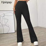 Yipinpay Sexy Knit Flared Leggings Pants Women Black Slacks New In Knitwears High Waist Skinny Trousers Bell Bottoms Summer Pants